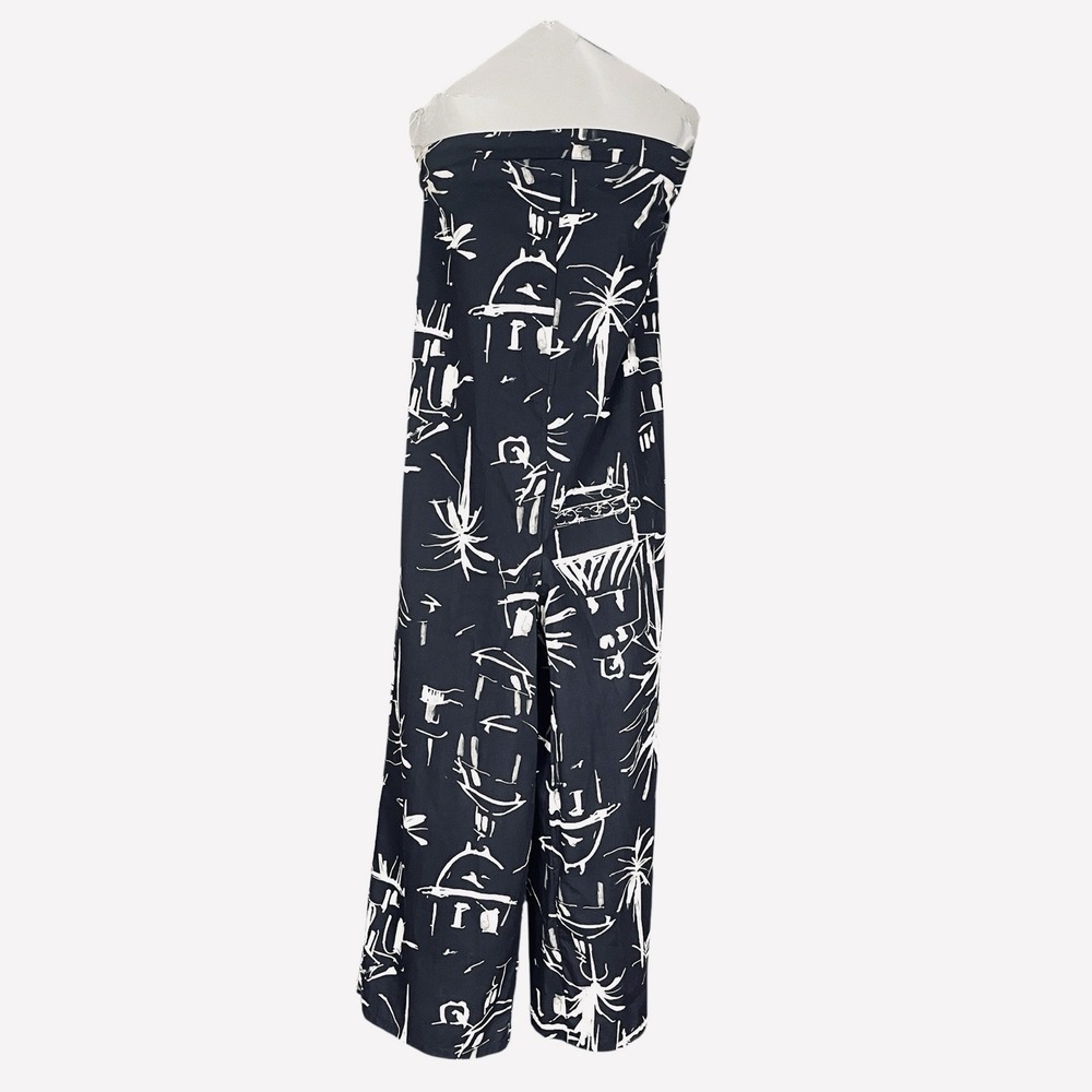 Civico 51 Jumpsuit Strapless Black Cotton Large Tropical Abstract Wide Leg Italy